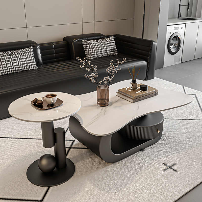 Mesa de Centro Ceramic  TOP Blanco & Onda Negra – Diseño con Almacenamiento Oculto para tu Living