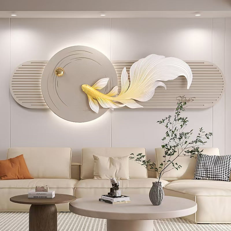 Cuadro Decorativo Pez Koi Dorado con Luz LED | Arte de Éxito y Fortuna en Poliresina 3D