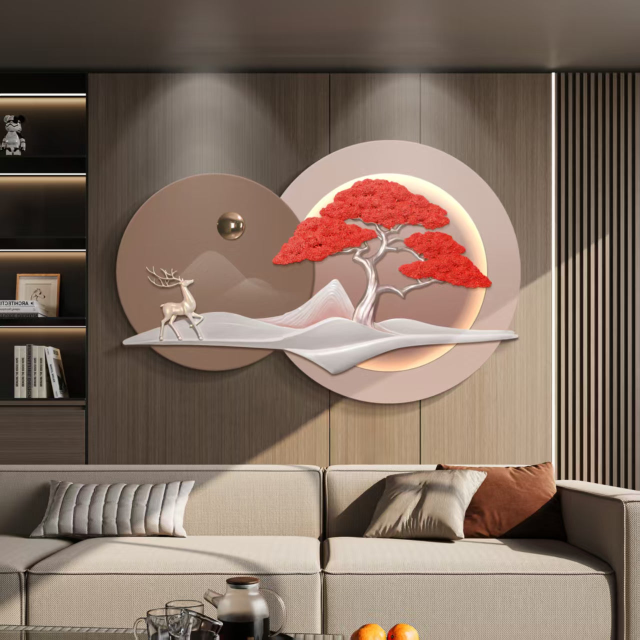 Cuadro Decorativo Árbol Rojo y Ciervo Blanco con Luz LED | Arte de Fuerza y Elevación en Poliresina 3D