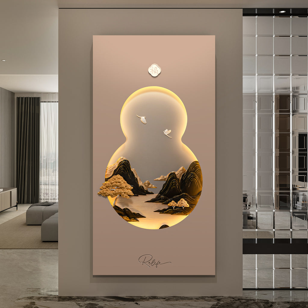 Cuadro Decorativo Calabaza Hulu con Paisaje Dorado y Luz LED | Arte de Protección y Prosperidad en Poliresina 3D