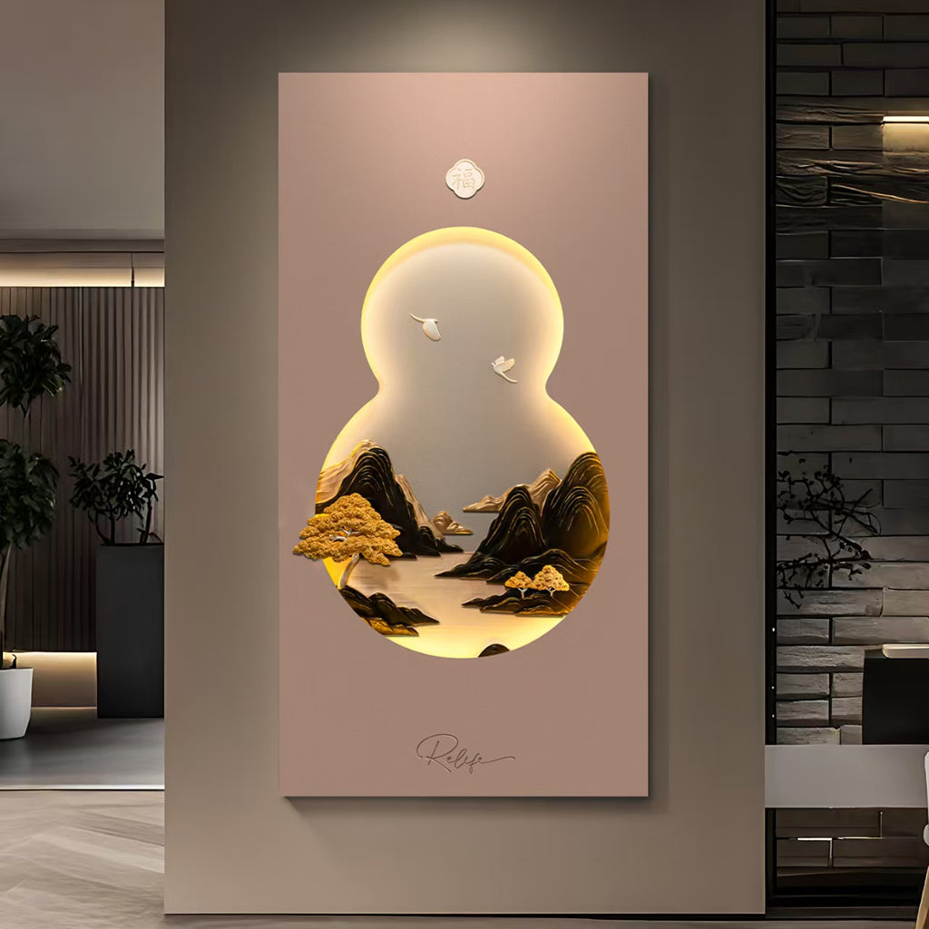 Cuadro Decorativo Calabaza Hulu con Paisaje Dorado y Luz LED | Arte de Protección y Prosperidad en Poliresina 3D