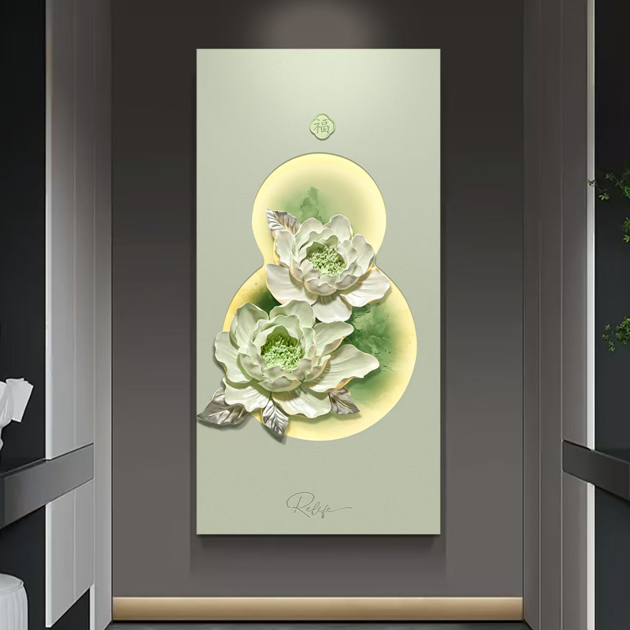 Cuadro Decorativo Calabaza de la Fortuna Hulu en Jade con Lotos y Luz LED | Arte de Pureza y Bendición en Poliresina 3D