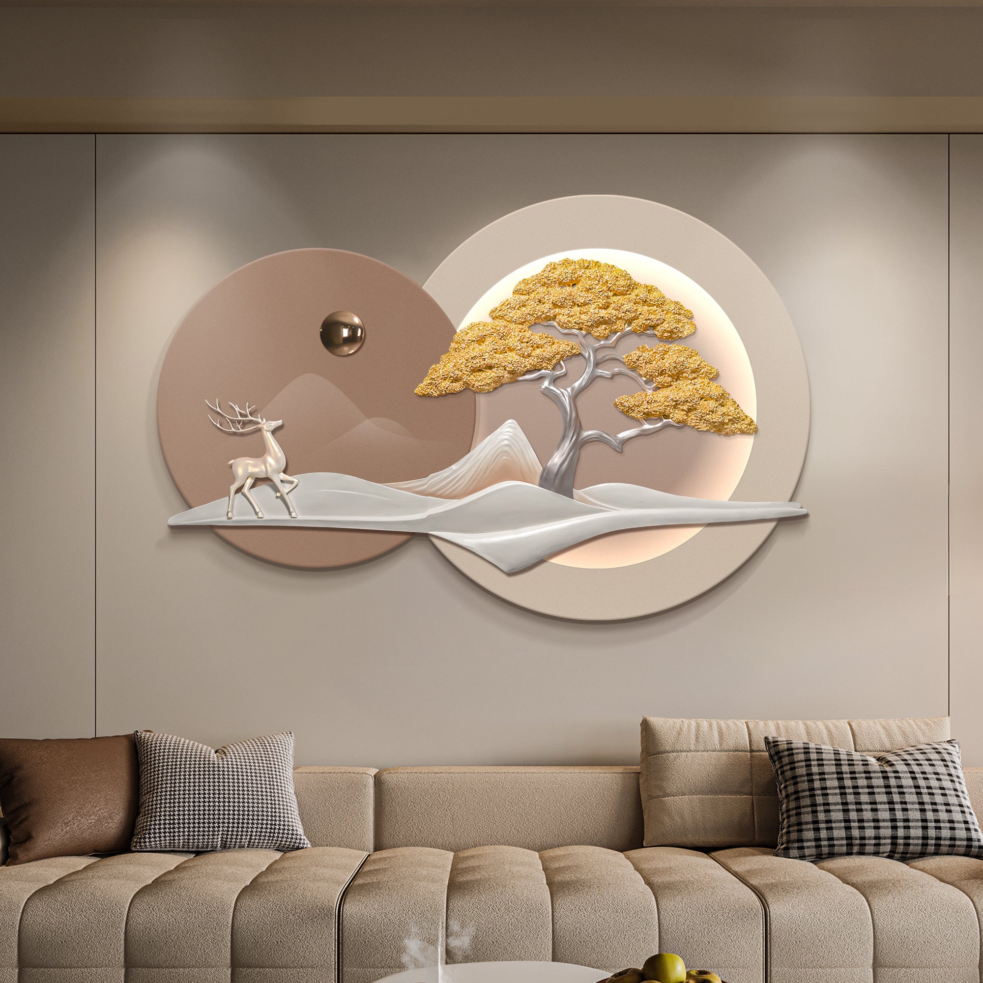 Cuadro Decorativo Árbol Dorado con Ciervo Blanco y Luz LED | Arte de Prosperidad y Protección en Poliresina 3D