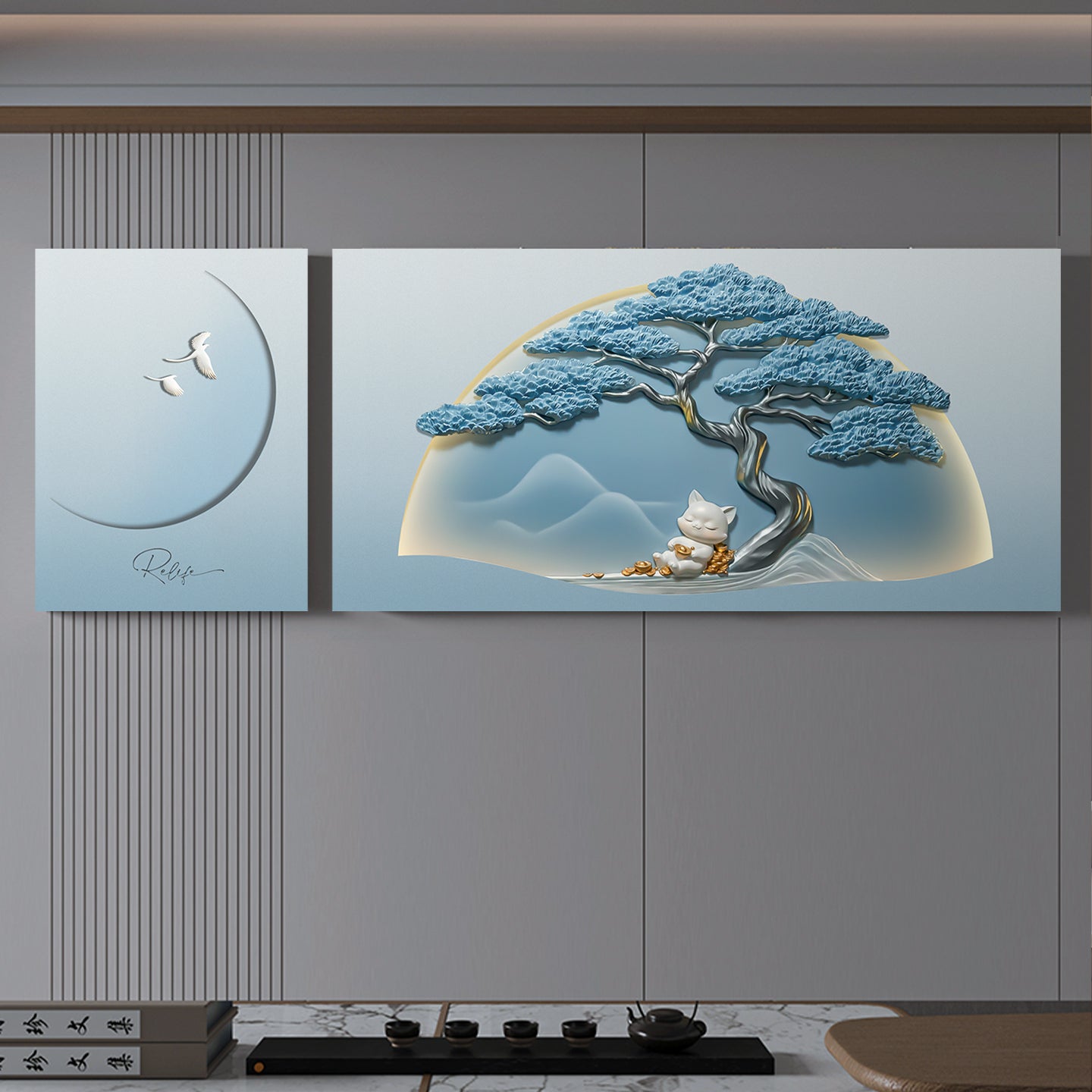 Cuadro Decorativo Árbol Celeste con Gato Blanco y Luz LED | Arte de Protección, Fortuna y Paz en Poliresina 3D