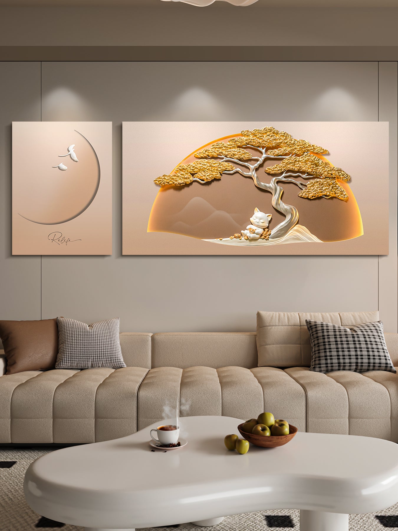 Cuadro Decorativo Árbol Dorado con Ciervo Blanco y Luz LED | Arte de Sabiduría, Riqueza y Gracia en Poliresina 3D