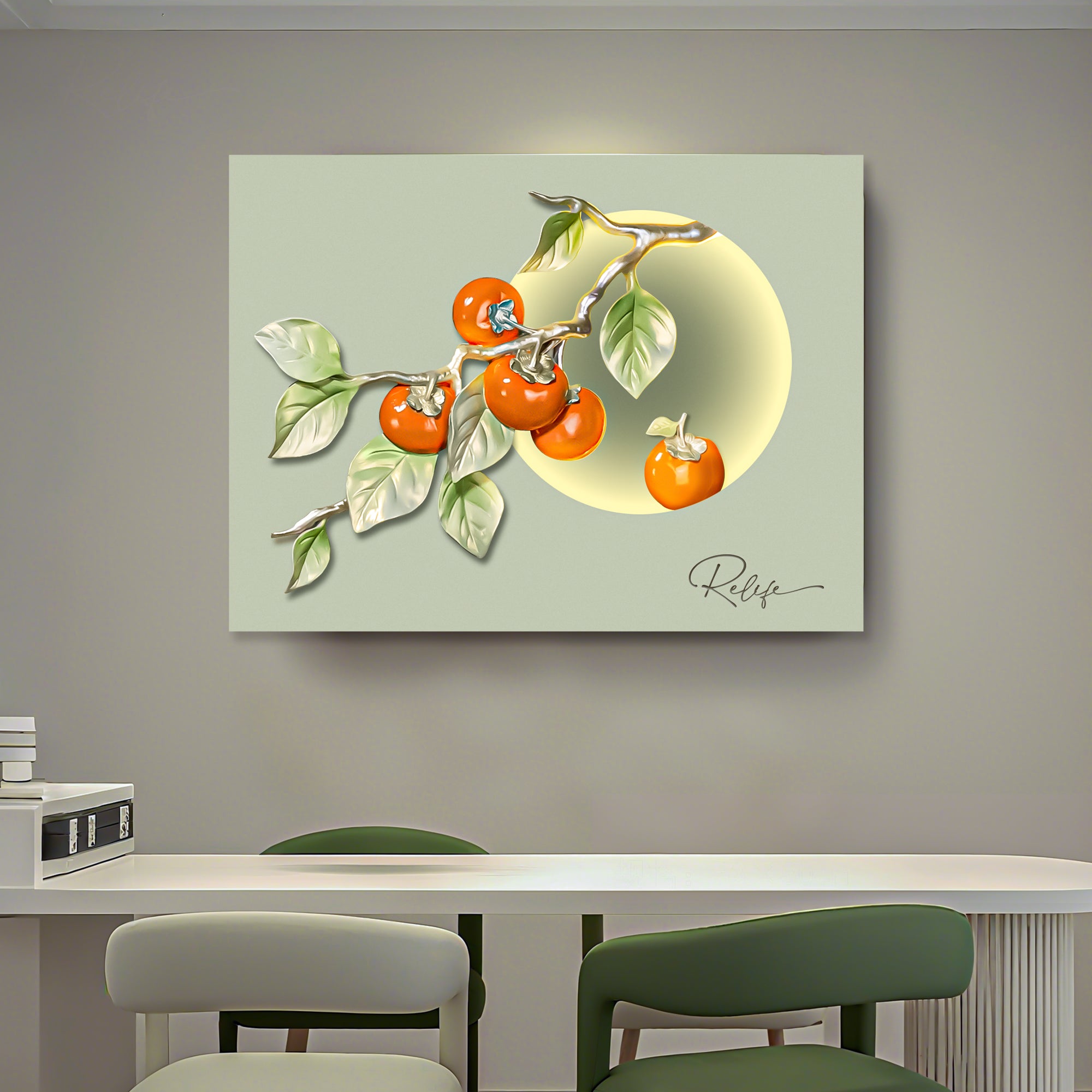 Cuadro Decorativo Rama de Caquis “Shi Shi Ru Yi” con Luz LED | Arte de Éxito y Fortuna en Poliresina 3D