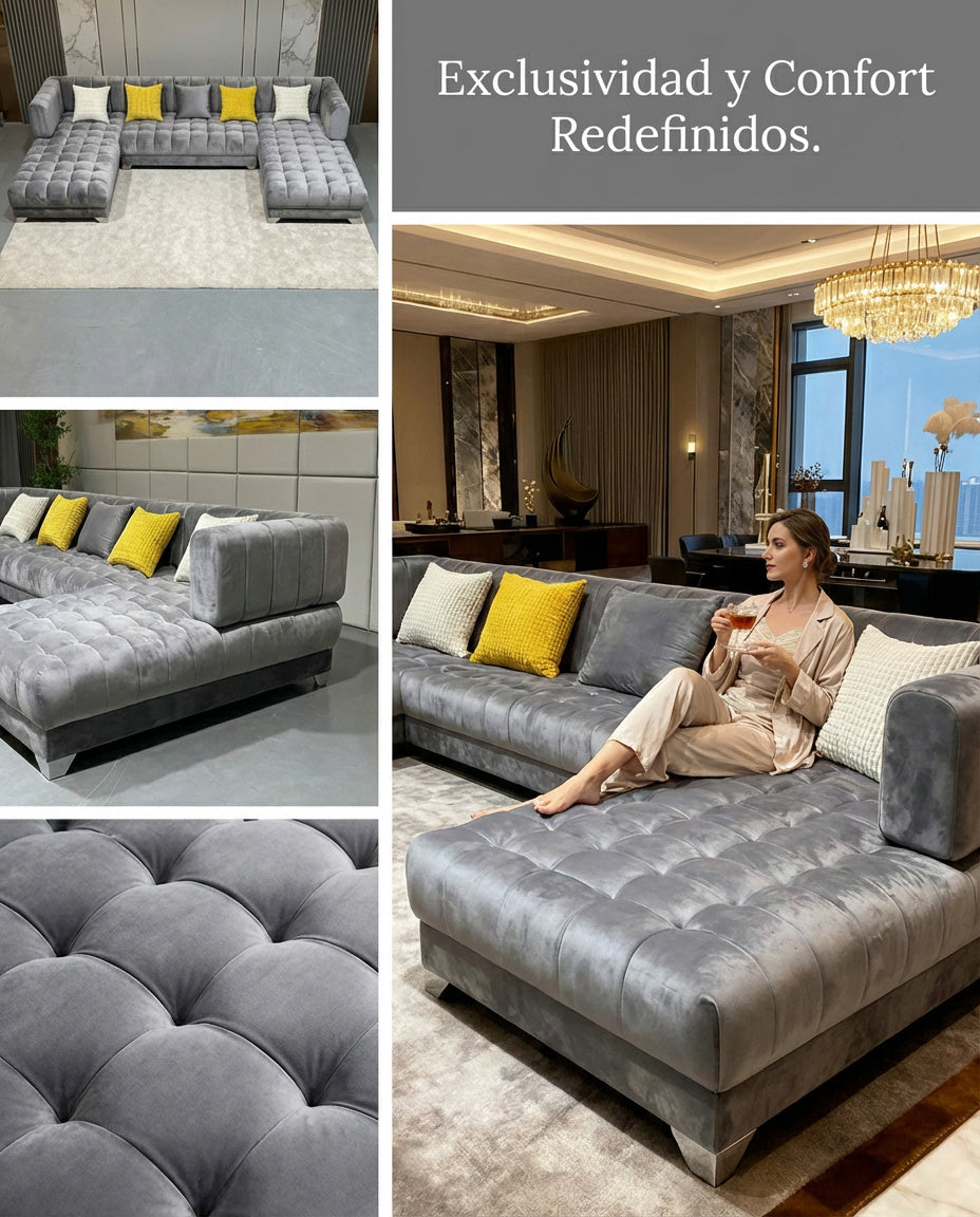 Sofá Seccional Gris de Diseño con Chaise Lounge
