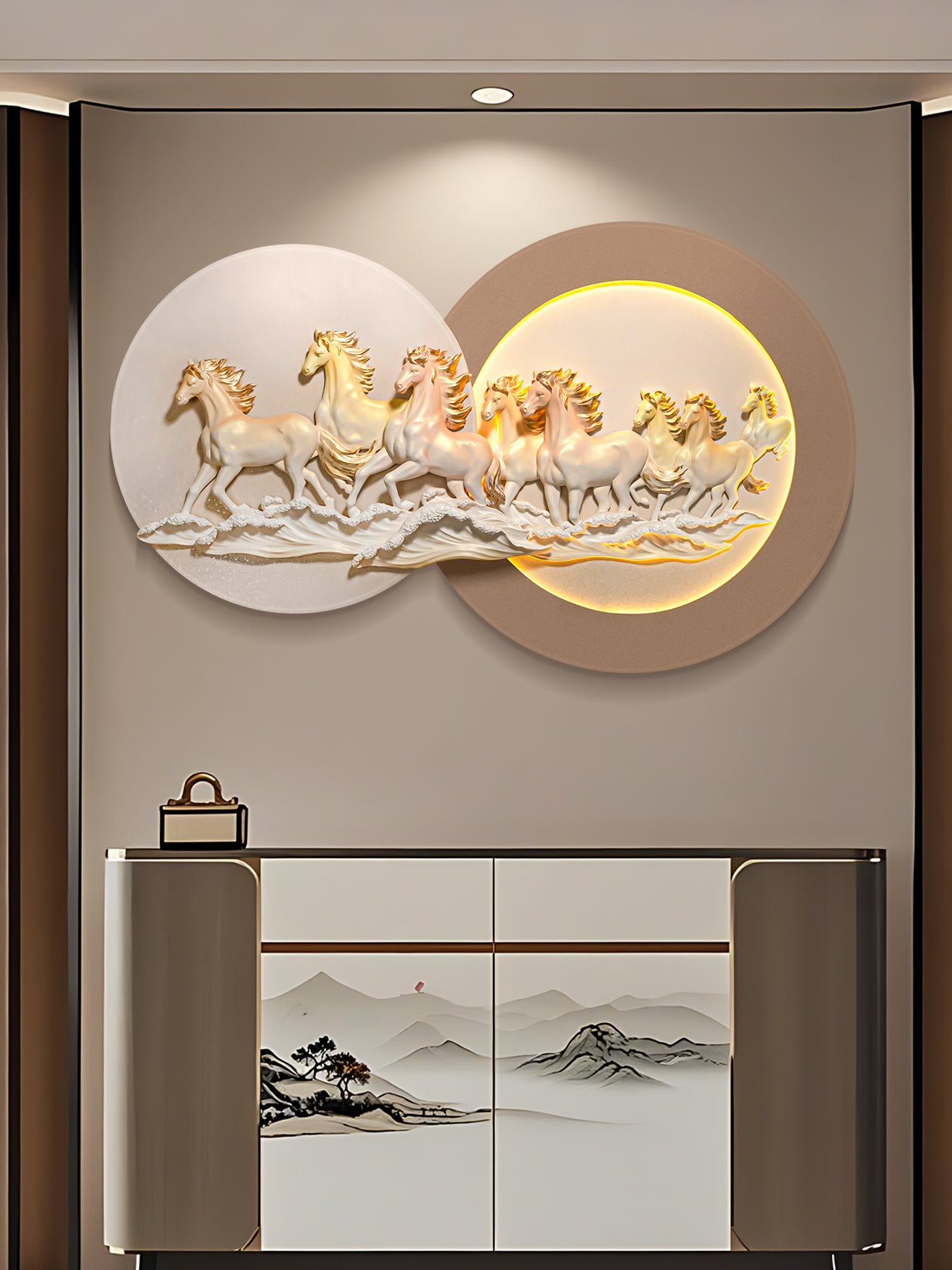 Cuadro Decorativo Siete Caballos Dorados con Luz LED | Arte de Fuerza y Fortuna en Poliresina 3D