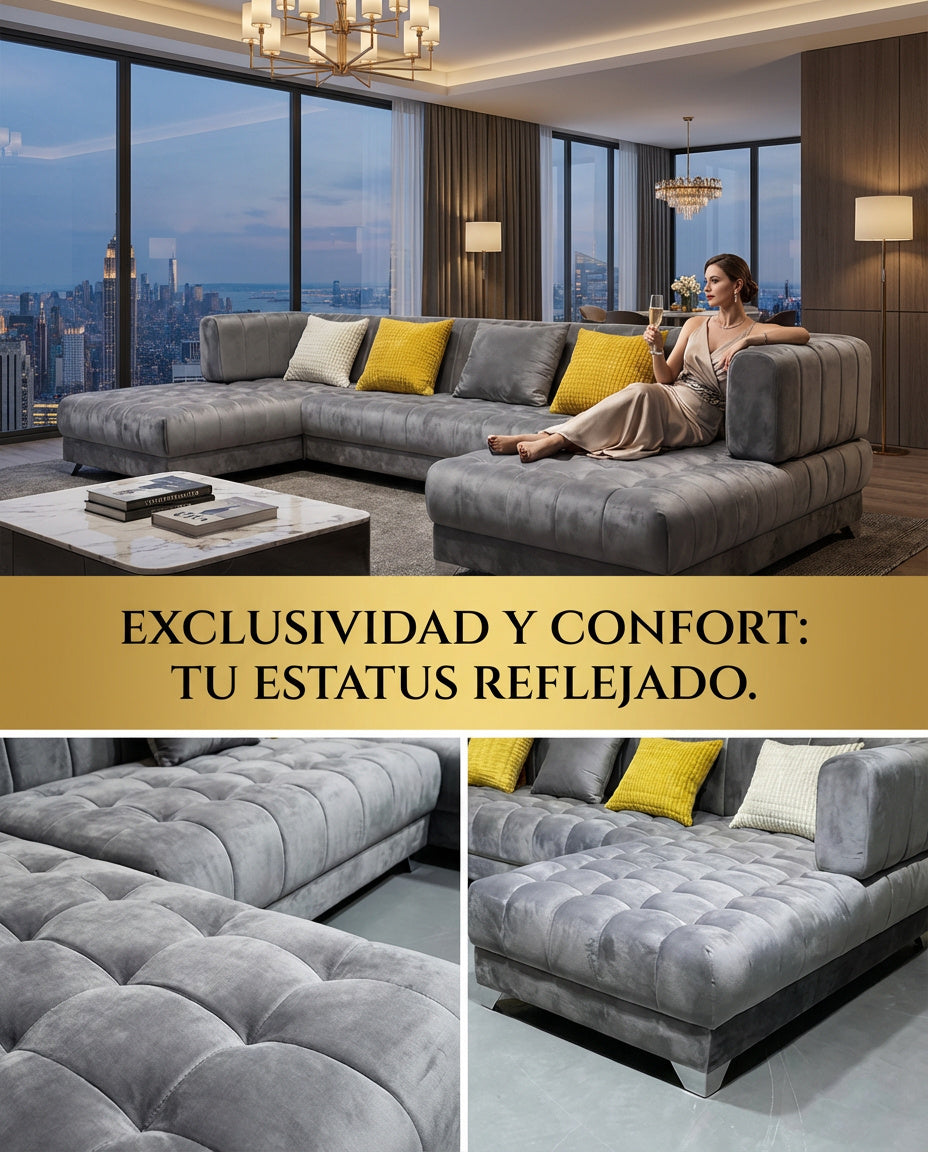 Sofá Seccional Gris de Diseño con Chaise Lounge