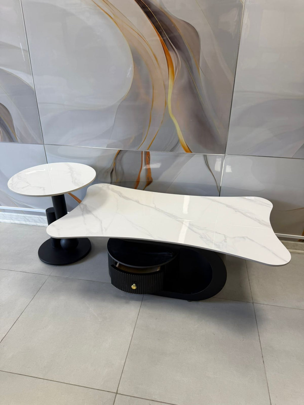 Mesa de Centro Ceramic  TOP Blanco & Onda Negra – Diseño con Almacenamiento Oculto para tu Living